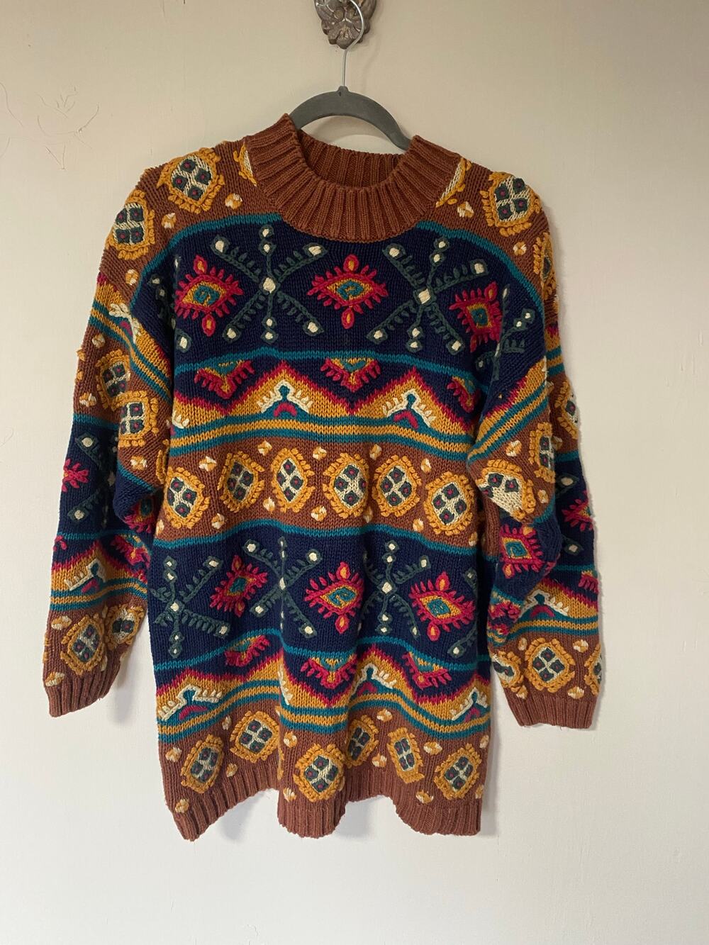 VTG Paul Harris Cotton Blend 3D knit Colorful Geometric Aztec Mock Neck Sweater